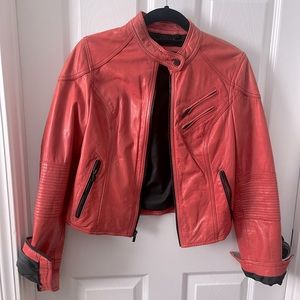 SALMON COLOR MOTTO LEATHER JACKET